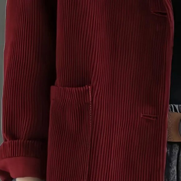 Deep Red Corduroy Buttoned Blazer Jacket With Pockets - Picture 4 of 4